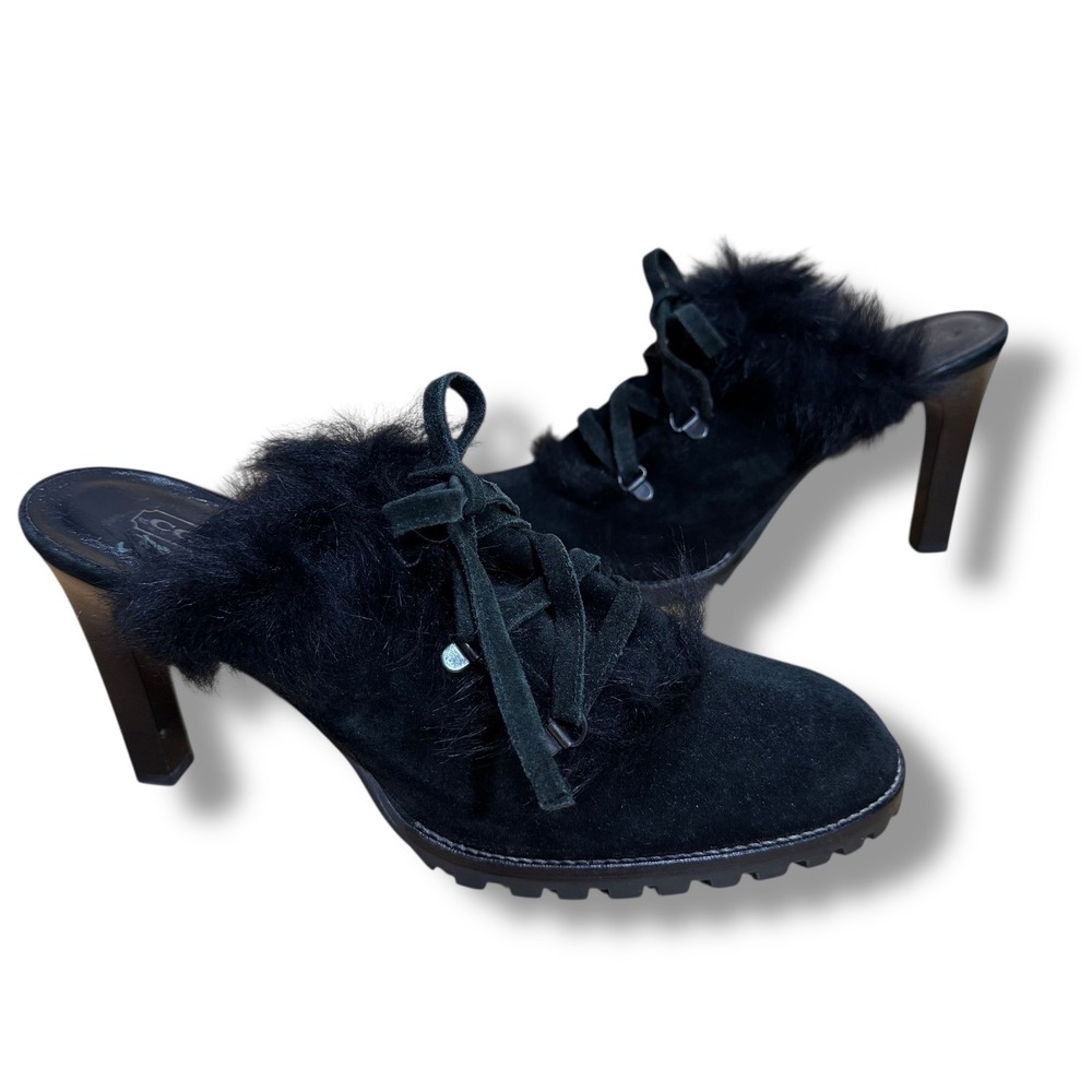 Coach Black Suede Fur Trim High Heel Mules
